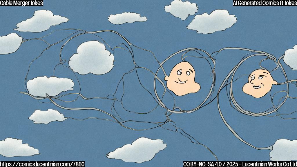 Cartoon drawing of two smiling cable wires shaking hands, with a background of a plain blue sky and a single fluffy white cloud.