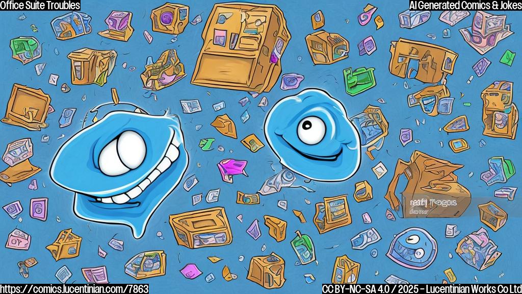 A cartoon style drawing with a light blue background. In the center, an anthropomorphic Office Suite box, depicted as a stack of colorful application icons with googly eyes, is being escorted by a stern-looking, square-shaped figure representing a regulatory building with windows as eyes and a door as a mouth. The Office Suite box looks dejected, with a single tear rolling down its cheek. In the background, a smaller, cloud-shaped character with a smiling face, representing the communication app, waves goodbye with a mischievous grin.