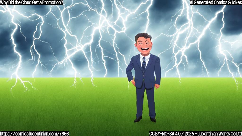 A cartoon illustration of a smiling, large, gray cloud wearing a business suit and tie, standing proudly in a field of green grass. Lightning bolts are subtly emanating from behind the cloud. The sky is a bright blue with a few fluffy white clouds in the background.
