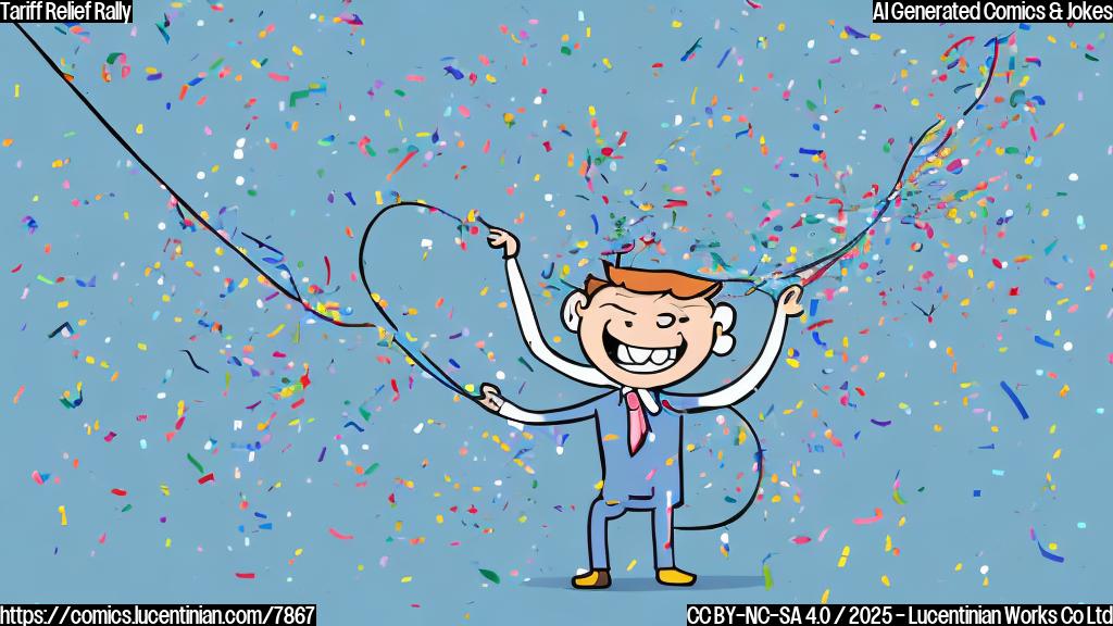 A simple, plain color cartoon depicting a stock market chart shaped like a person dancing joyfully with streamers and confetti falling around it. The background is a light blue.
