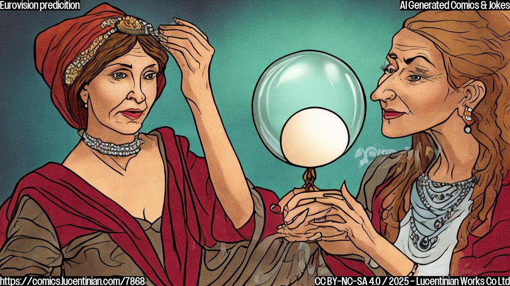 a cartoon style image of a fortune teller with a crystal ball, looking confused, plain background