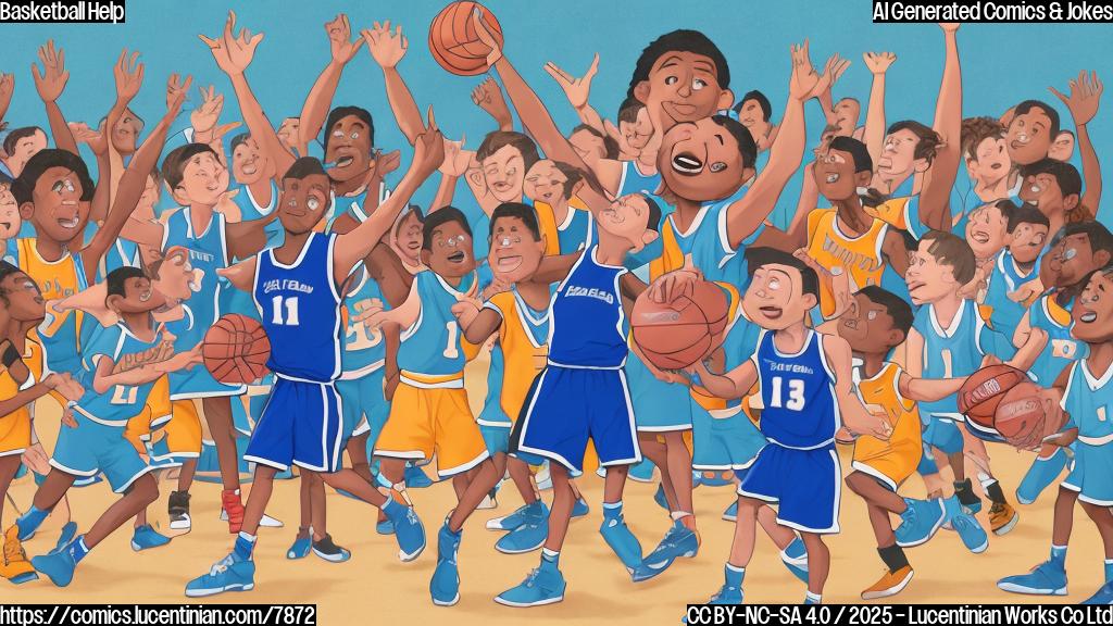 A cartoon drawing of a very tall, tired basketball player standing on a basketball court, with a group of very small kindergarten kids in basketball jerseys surrounding him, trying to help him carry a large basketball. The background is a plain blue color.