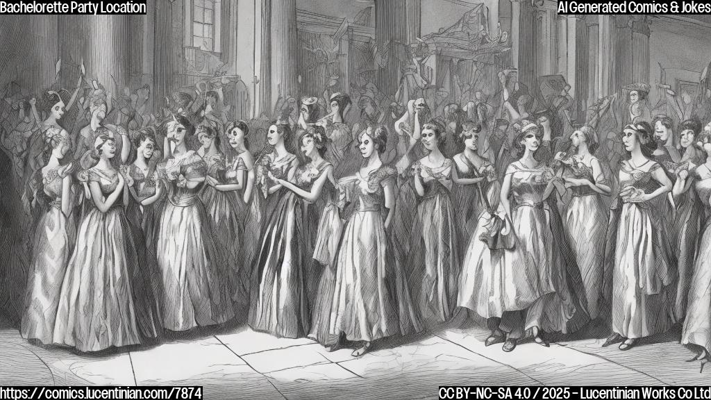 Cartoon drawing of a group of women in bachelorette party attire, wearing sashes and tiaras, inside a very large library. One woman is holding a "quiet, please" sign.