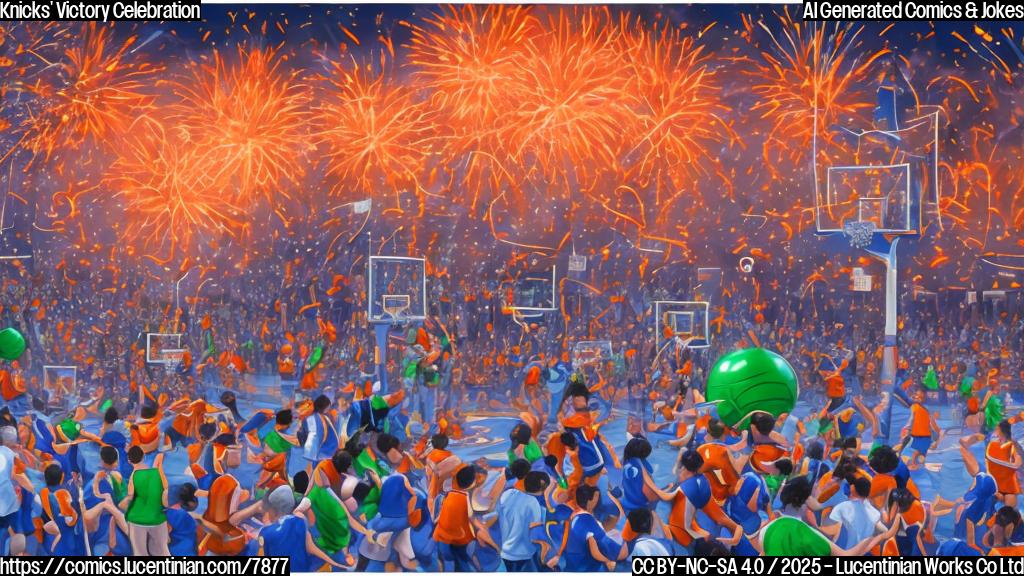 A cartoon basketball court filled with celebrating figures in orange and blue uniforms. The opposing team, dressed in green, is dejectedly walking off the court in a "shuffling" manner. The background shows a generic cityscape with fireworks. Plain color style.