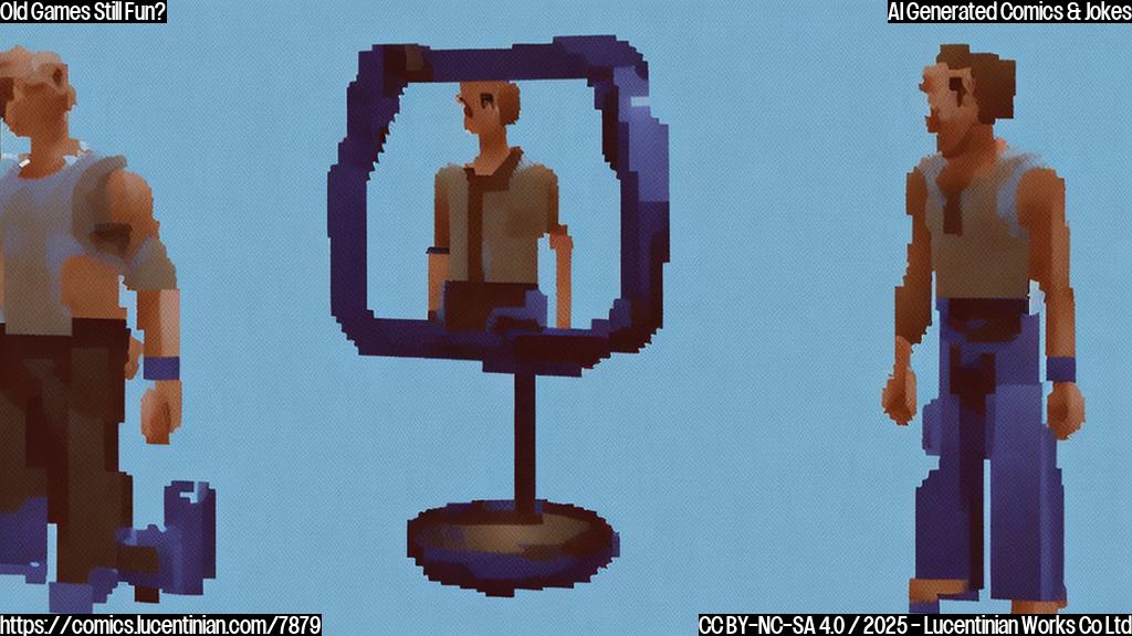 A pixelated video game character, looking slightly aged and glitchy, is standing in front of a mirror, inspecting itself. The reflection shows a younger, more vibrant version of the character. The background is a simple, solid blue.