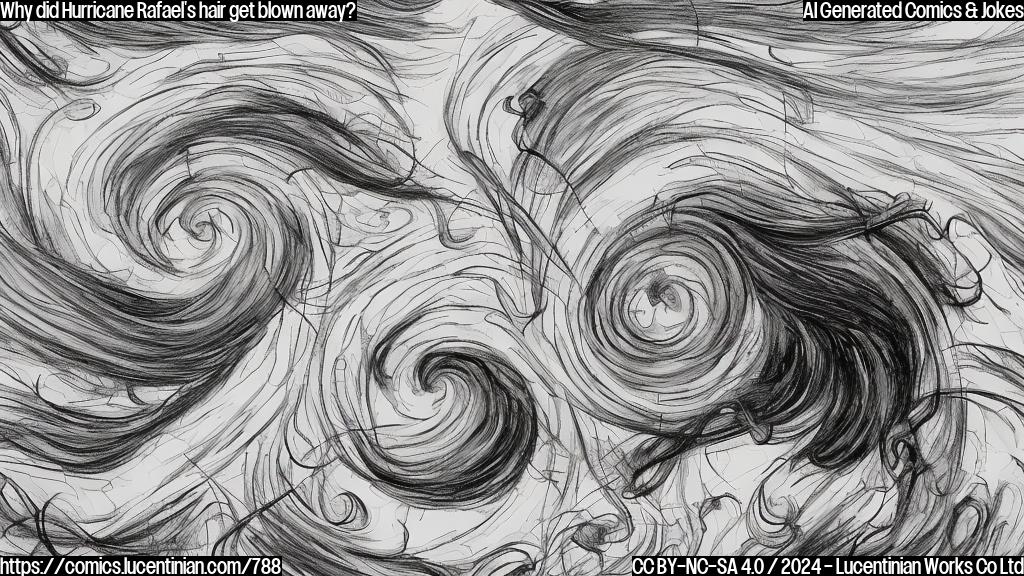 Draw a cartoon of a hurricane with a messy hairdo, blowing away its tangled locks with strong gusts of wind.