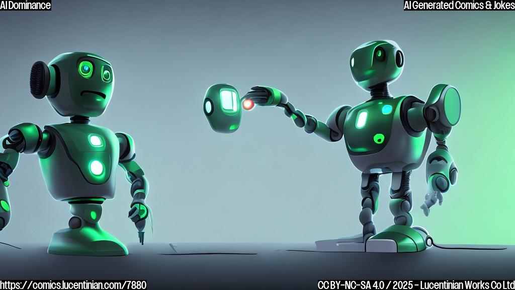 a sad green robot standing in the background, while a shiny, futuristic AI assistant takes center stage, plain color cartoon style