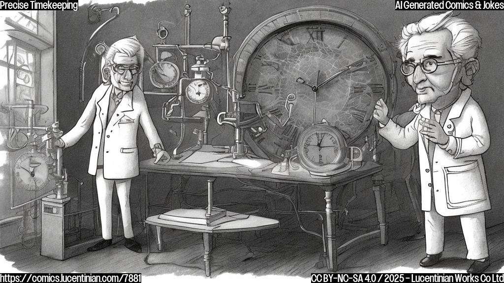 Cartoon drawing of a very sad looking, light gray coloured, old-fashioned clock with hands pointing to 12 and 0. Beside him, a scientist with white lab coat, glasses and messy white hair walking away with a sigh. The background is a plain light blue.