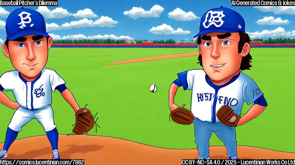 A cartoon image of a baseball pitcher with a worried expression on his face, standing on a baseball field. The background is a simple blue sky and green field. The pitcher is wearing a generic baseball uniform. The style is plain cartoon, with solid colors and no shading.