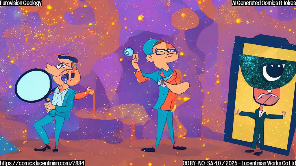 a cartoon of a geologist with a magnifying glass, excitedly watching a television screen showing a stage filled with performers in glittery costumes, plain color background