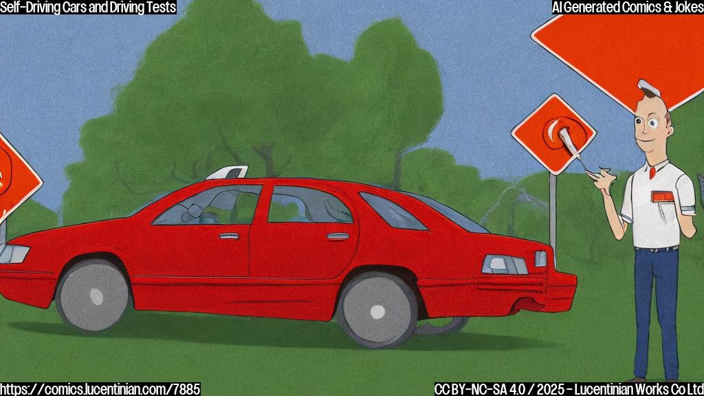 A plain color cartoon of a red generic sedan with exaggeratedly large eyes and a nervous expression, positioned on a driving test course marked with orange cones. An instructor with a clipboard and a stern face, wearing a blue shirt and tie, is standing nearby shaking his head. The background is a simple green field and blue sky.