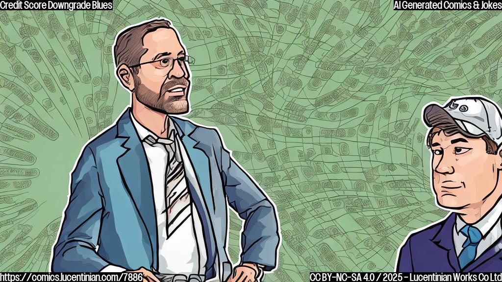 Cartoon drawing of a sad cryptocurrency investor with a downward sloping line graph behind him. The graph is labelled "U.S. Credit Score". The style is plain color cartoon, simple shapes and limited detail.