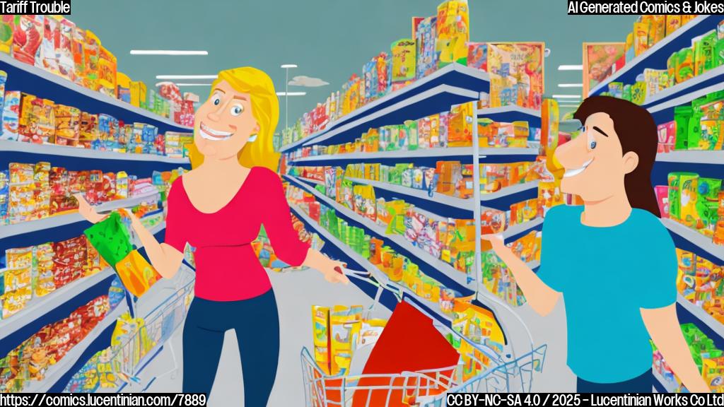 cartoon style image depicting a confused-looking shopper in a Walmart aisle, looking up at incredibly high price tags on grocery items. The shopper is holding a ladder. All colors are plain and bright.