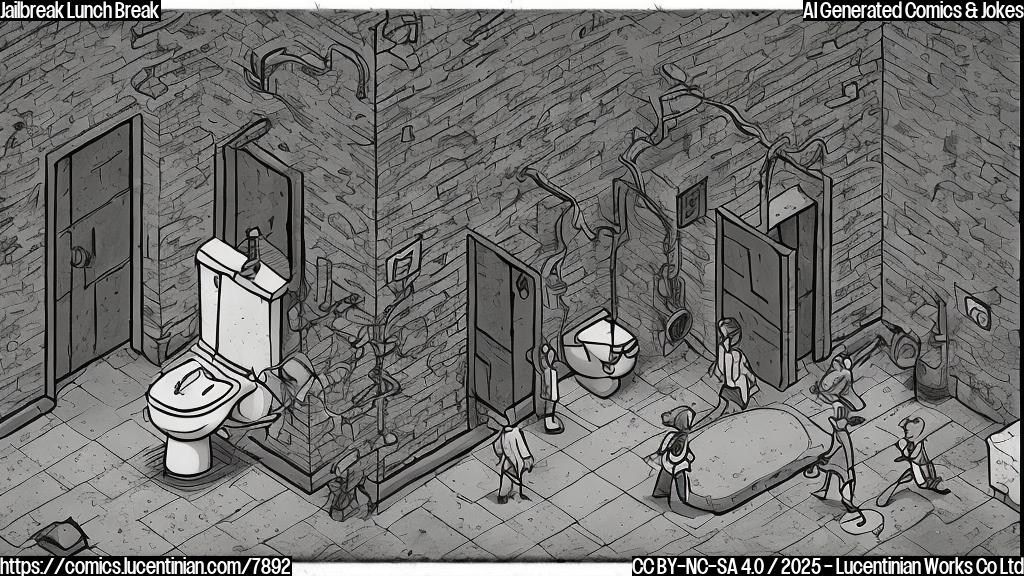 Cartoon image depicting a simple jail cell with a crude hole behind a toilet. Several stick-figure inmates are gleefully escaping, while a single, stylized guard character with a lunchbox is walking away from the cell, oblivious. The background is a plain light blue.