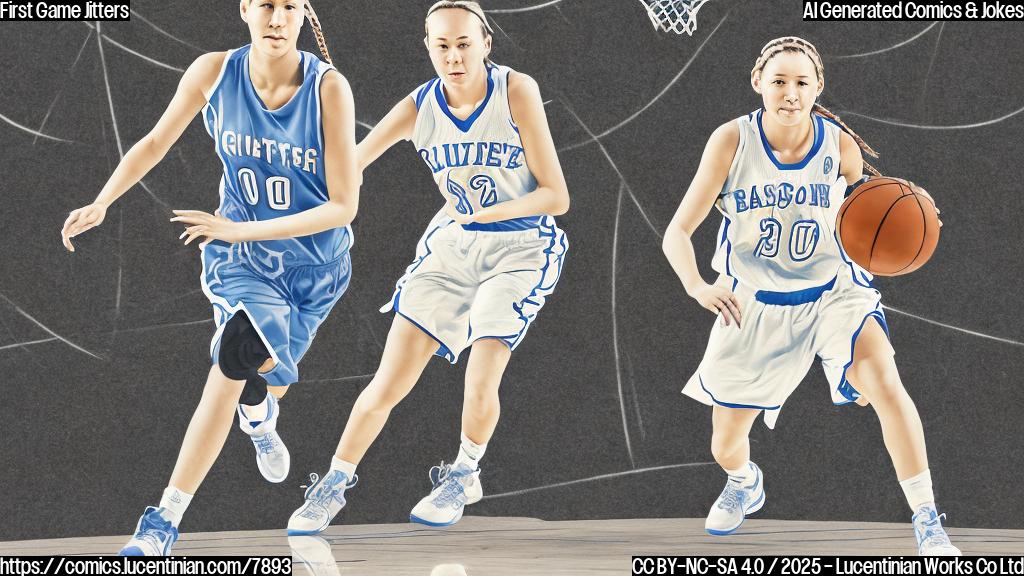 a plain color cartoon style picture of a young female basketball player with braided hair, wearing a generic blue and white jersey with the number '00' on it, carrying an oversized ladder onto a basketball court. The background is a simple, light gray basketball court with faint lines.