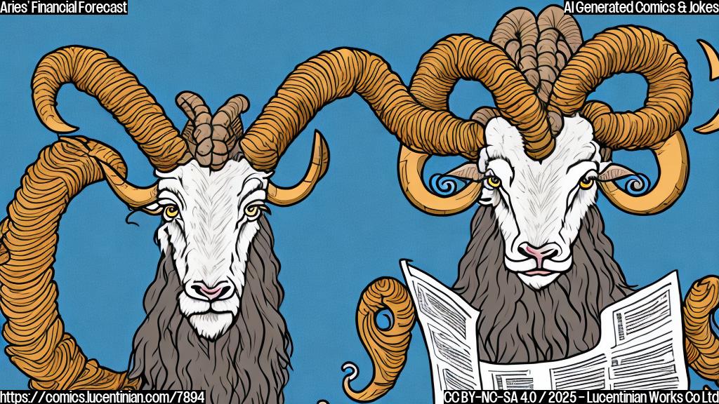 Cartoon of a stressed-looking Aries zodiac sign, depicted as a ram with curly horns, sweating while reading a newspaper with a headline about financial astrology. The background is a plain light blue color.