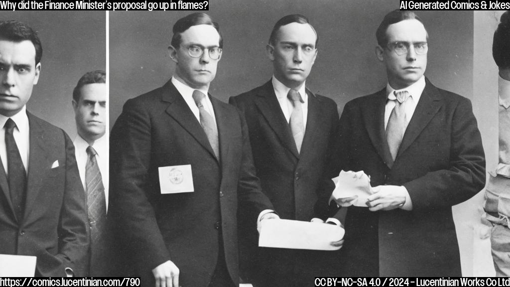 A confident-looking figure with a stern expression is holding a burning document, while two others look on in shock and disappointment. The figure has a suit on, and one of the other figures is wearing a suit jacket but not a tie, while the second one is wearing a shirt with an open collar.