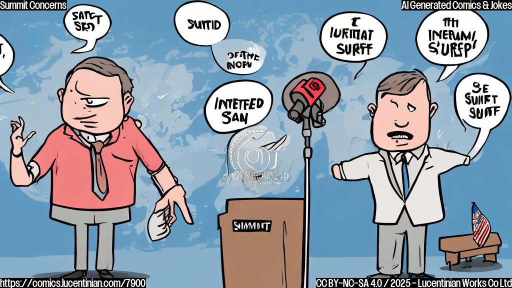 A cartoon drawing of a nervous looking politician with sweat dripping down his face. He's standing on a stage with a large banner that says "International Summit". He is surrounded by microphones. The background is a simple blue color.