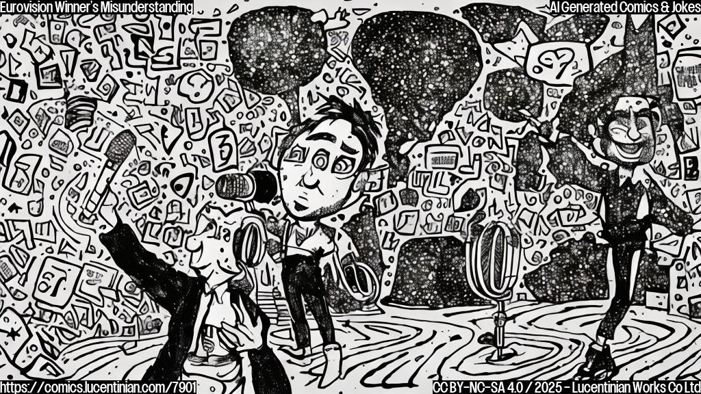 Cartoon drawing of a confused singer with a microphone, wearing a glittery costume, standing at a crossroads with signs pointing in opposite directions. One sign says "Happiness Street", the other says "Wasted Love". The singer has a puzzled expression. The drawing is in a plain color style.