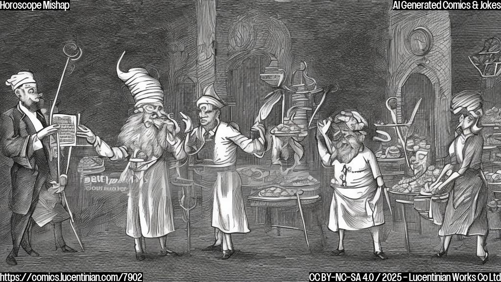 Cartoon style image of a disgruntled astrologer wearing a pointy hat with stars, being escorted out of a bakery by a baker wearing a white apron and hat. The astrologer is holding a chart with planetary symbols. The bakery has various pastries and bread on display.
