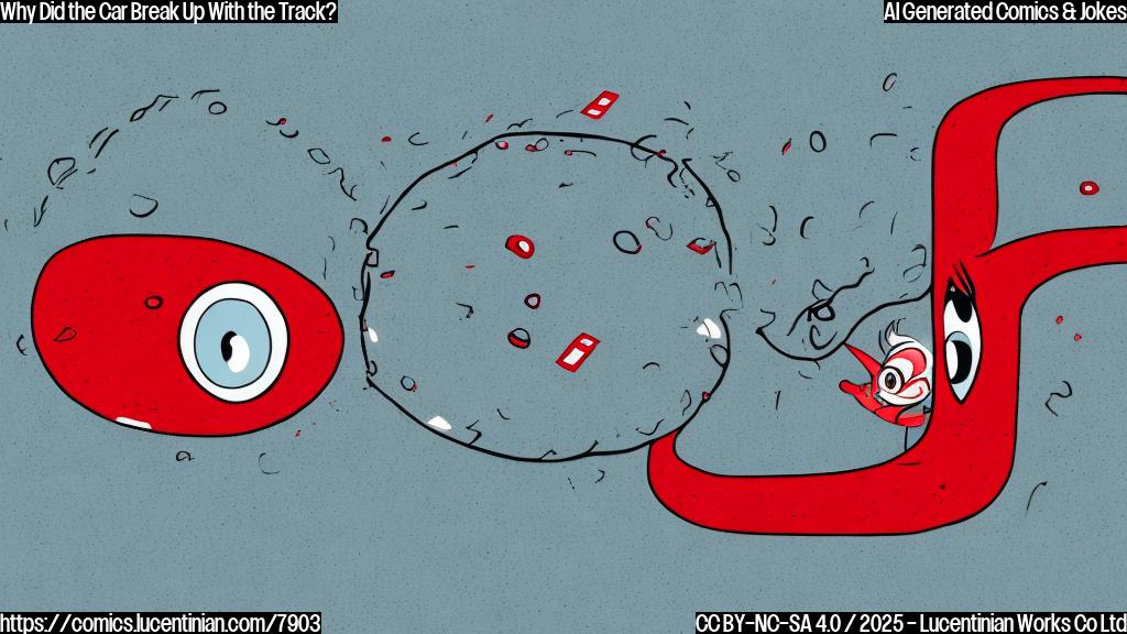 A cartoon of a sad red race car with eyes looking down, and a race track with eyes looking sad, with a dotted line separating them. The background is a plain light blue.