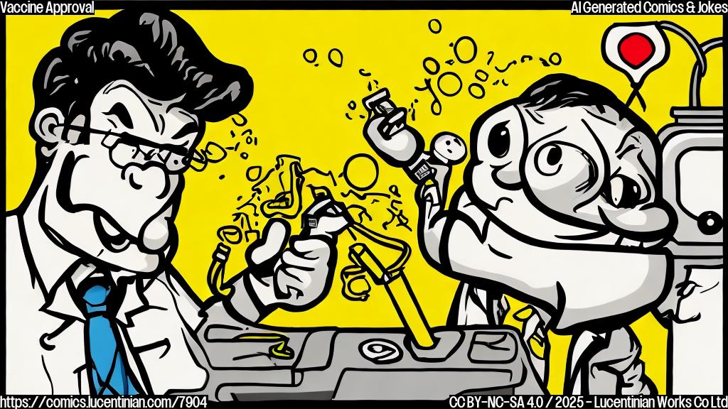 Cartoon style, plain yellow background: A worried-looking syringe character with a protein strand design is being held back by a stern-faced FDA badge character. The syringe is shouting "Leeches are the answer!"