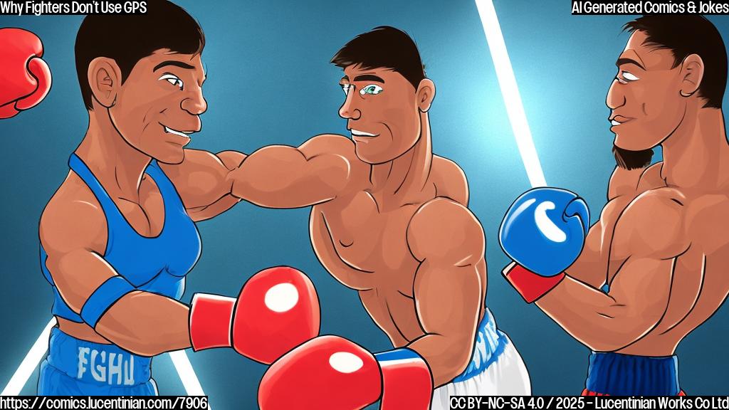 A simple cartoon of a muscular fighter with boxing gloves looking confusedly at a broken GPS device in a fighting ring. The ring is brightly lit. The background is plain blue.