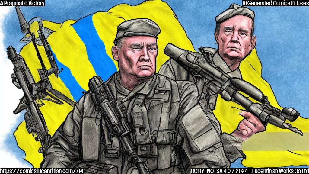 Draw a plain color cartoon style picture of a soldier sitting in front of a phone with a shocked expression, surrounded by Ukrainian flags and artillery equipment, with a faint image of Donald Trump's tweet on the screen.