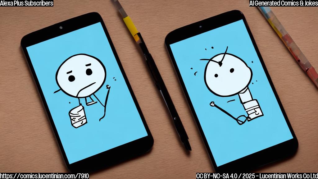 Draw a sad looking cartoon digital assistant device with a screen showing a low number of subscribers, plain light blue background.