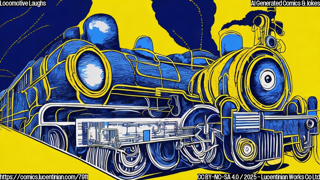 Cartoon style image of a blue and white train driving away from a sad-looking person wearing a striped engineer's hat, all against a plain yellow background.