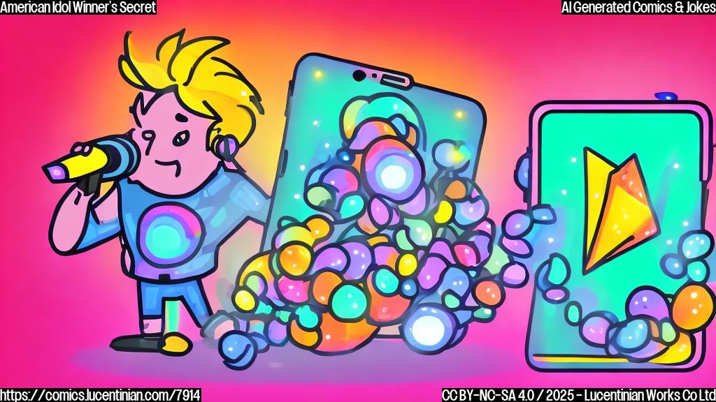 A cartoon drawing of a stage with bright spotlights. A male cartoon figure with a microphone stands center stage, wearing a sequined jacket. A giant phone is subtly placed in the background with the "auto-tune" app icon visible on the screen. The colors are plain and bright.