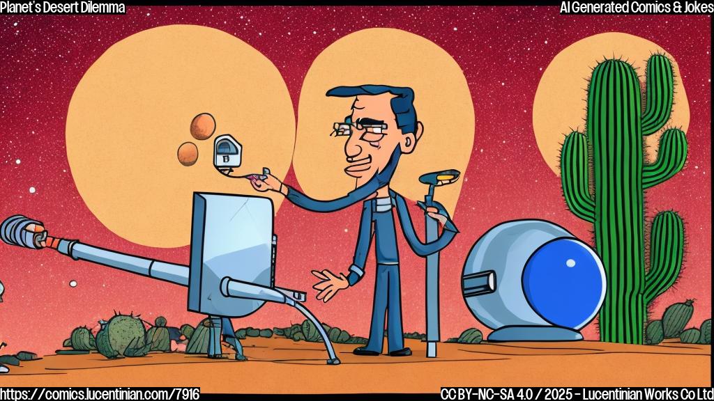 A cartoon style image showing an astronomer with a large telescope looking at a red, sandy planet with a single, comically oversized cactus. The astronomer is sweating profusely and holding an empty water bottle.