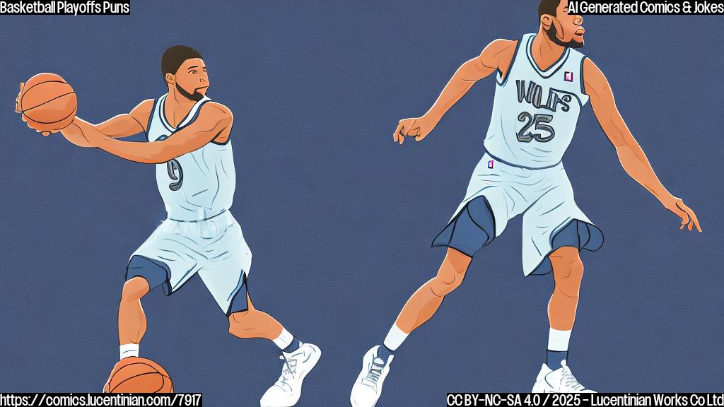 a simple cartoon style image. A basketball player, wearing a jersey with a wolf logo, is carrying a very tall ladder. The background is a plain light blue color.