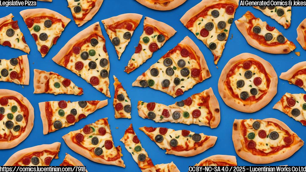 A cartoon-style pizza pie, mostly uneaten except for a few slices missing. A group of stylized figures representing senators with stern expressions are standing around it, each holding a smaller plate with a single slice. The color palette is bright and simple, and the background is a plain, light blue.