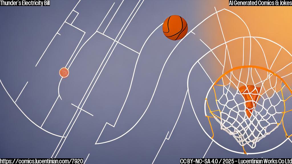 A simple, plain cartoon image showing a basketball court with a basketball in the center, super brightly lit. In the upper right corner, a giant electricity bill is floating. The style is minimalist, with a few solid colors and no gradients.