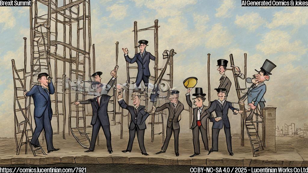 A cartoon drawing depicting a British politician in a suit and bowler hat carrying a comically oversized ladder towards a group of European Union leaders standing on opposite sides of a small, unfinished bridge. The background is a simple, plain color sky.