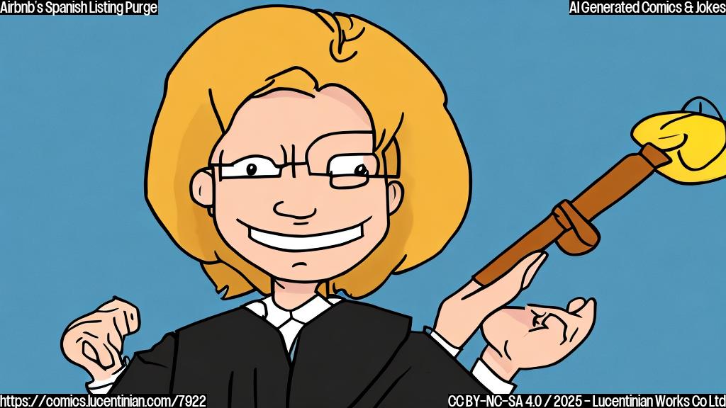 Draw a simple, plain color cartoon style picture of a judge wearing a wig and holding a gavel, facing a sad looking smartphone with the Airbnb logo on its screen. The background is a simple yellow color.