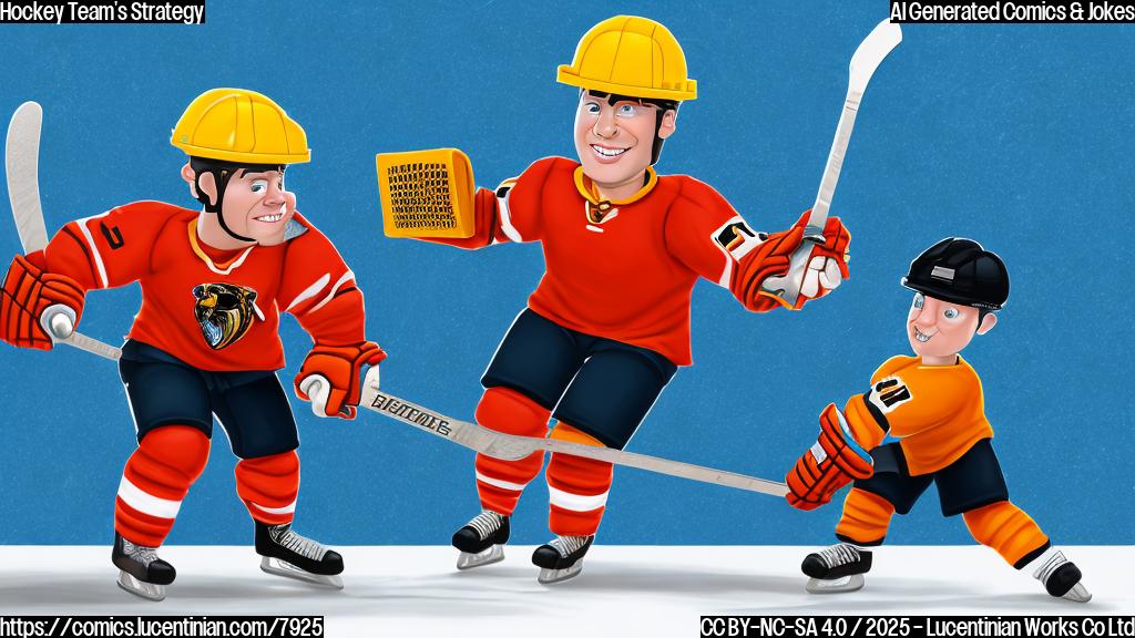 Cartoon style, a hockey player wearing team jersey with a panther logo passing the puck to a bricklayer wearing a construction helmet with a trowel and bricks in his hands, plain light blue background.