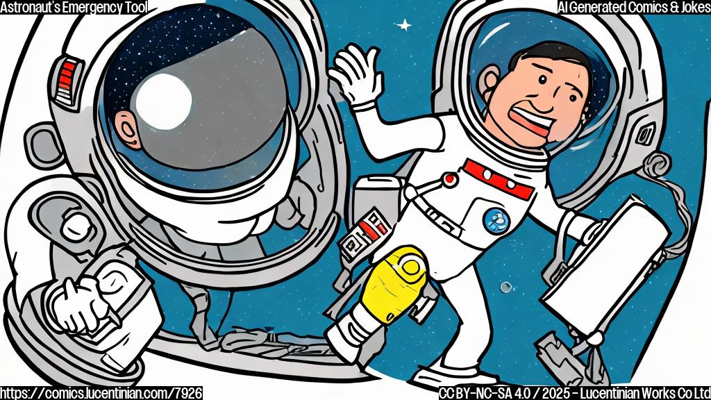 A simple cartoon drawing of an astronaut in a spacesuit, inside a cramped space capsule. He's holding a Swiss Army knife with a determined expression. Various random objects like socks, duct tape, and wires are floating around him. The background is a plain blue.