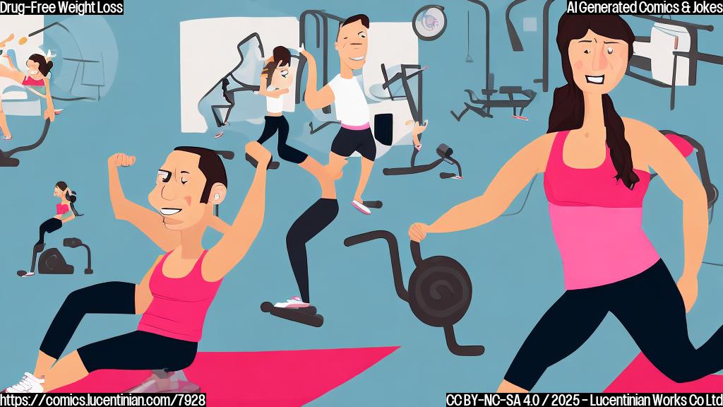 A cartoon illustration of a sweating, exhausted person in workout clothes arguing with a gleaming, overly enthusiastic exercise machine. The background is a minimalist gym setting. Both are drawn in a plain, bright color cartoon style.