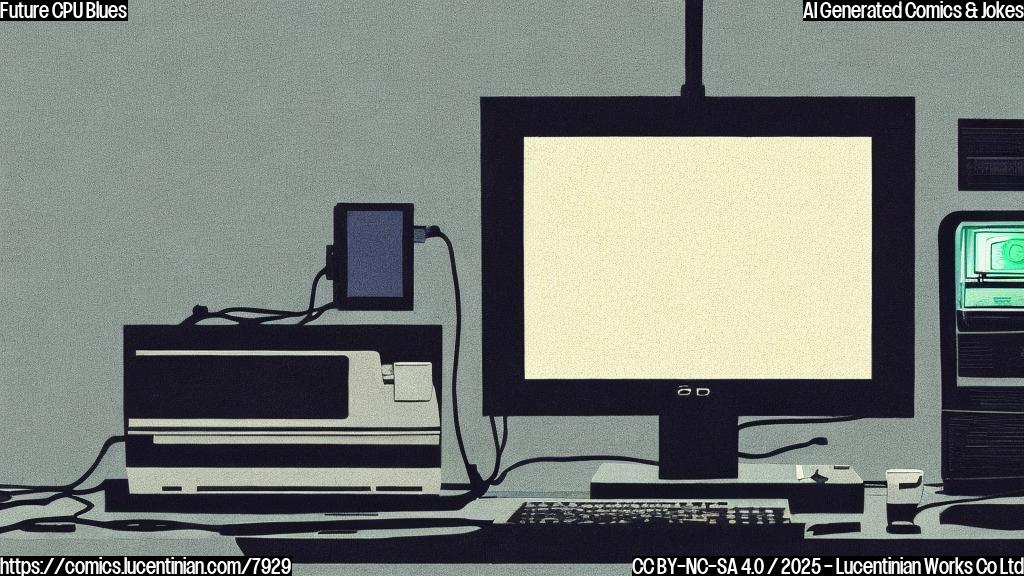 A sad looking desktop computer with a retro monitor and tower case sitting on a desk in a dimly lit room. The screen displays the year "2024" in a large, pixelated font. The computer is emitting a visible "sigh" of digital sadness. The style is a simple, flat-color cartoon.