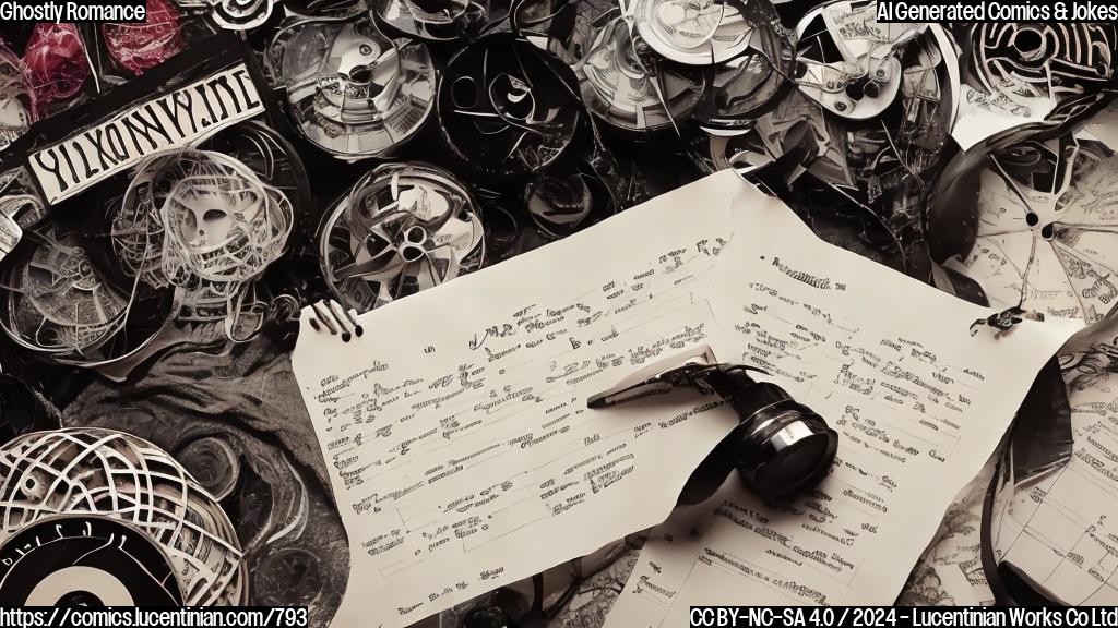 a romantic ghost in a Hollywood movie with a script that looks like a calendar, surrounded by film reels and acting awards