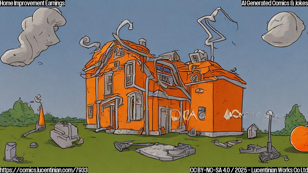 A cartoon drawing of a slightly tilted orange roofed building, with a yellow logo resembling an abstract house on the side. The building is surrounded by tools that look like they are drooping and sad. The sky is plain light blue.