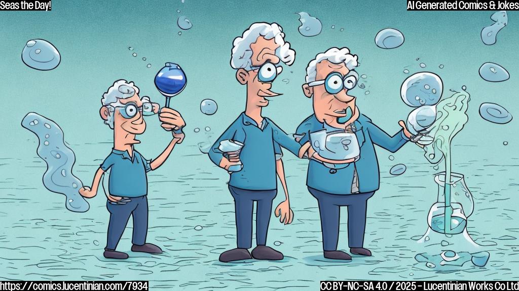 Cartoon drawing of a sad looking, light blue wavy ocean and a disappointed, pale green, beaker-holding scientist, both standing on a melting ice cube. Plain background.