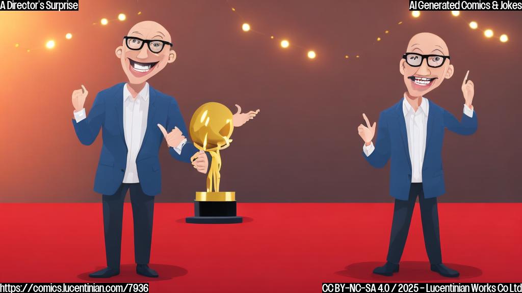 A simple cartoon image of a happy movie director with glasses holding a golden statuette, surprised, on a red carpet. A tall, well-dressed actor with a shaved head is smiling and clapping next to him. The background shows blurry lights and cameras. Plain color style.