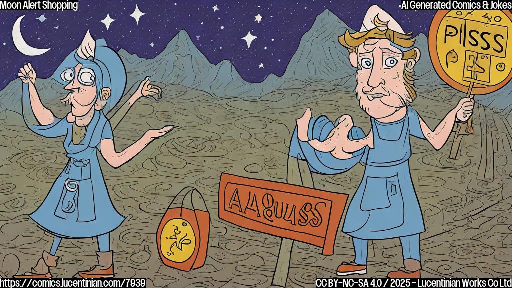Plain color cartoon style image of a confused shopper standing at a crossroads with signs pointing to "Aquarius" and "Pisces", with a crescent moon in the sky.