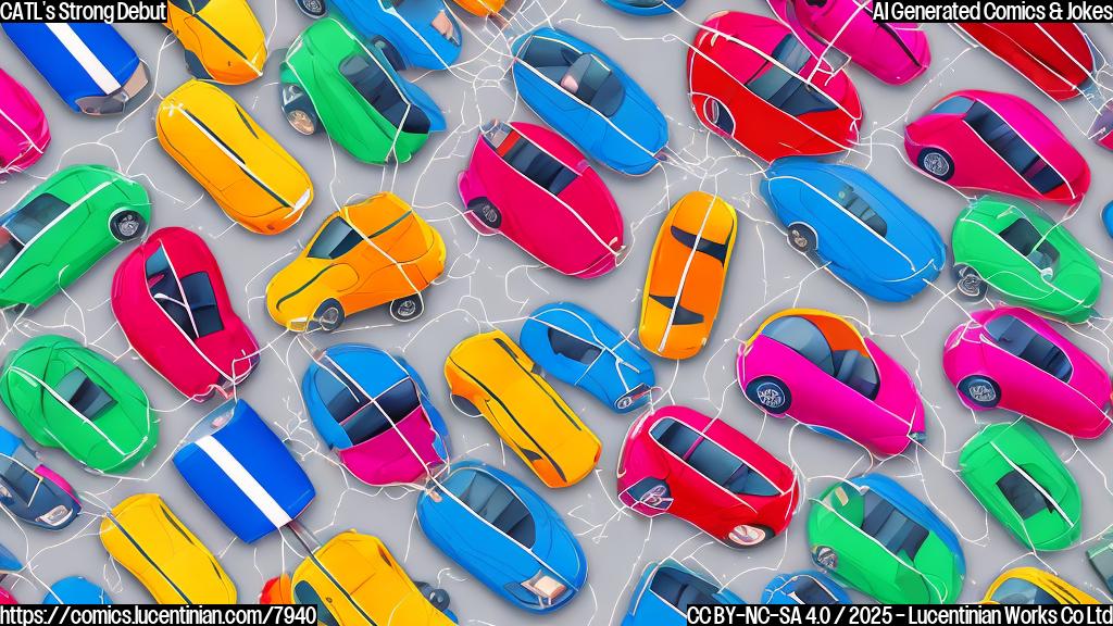 Cartoon style image: A group of simplified, brightly colored electric cars are gathered around a stock ticker that displays a rapidly rising graph line. The cars have exaggerated, joyful expressions. The background is a plain, solid color.