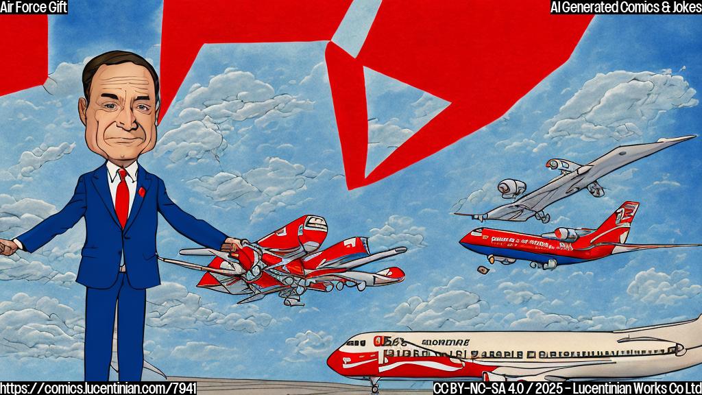 Cartoon style image. A serious looking senator in a dark blue suit and red tie, looking skeptically at a comically oversized, brightly colored airplane with a large bow on top. The plane is decorated with generic middle eastern patterns. Background is a plain light blue.