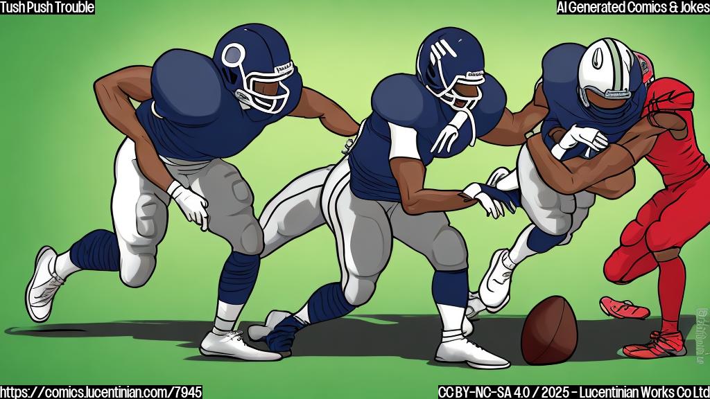 Cartoon illustration. A football player bent over with another player pushing him from behind. A tire is visible, flattened. The background is a plain green color, cartoon style.