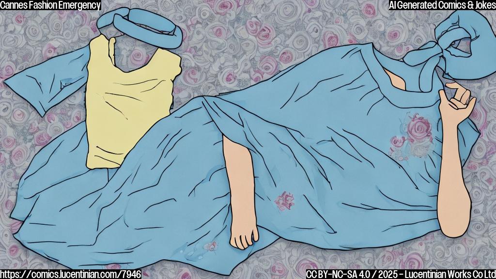 A simple cartoon of a dress lying on a hospital bed, looking stressed and overwhelmed. In the background, faint images of floral patterns and a very low waistline. The dress is pale yellow. The background is light blue.